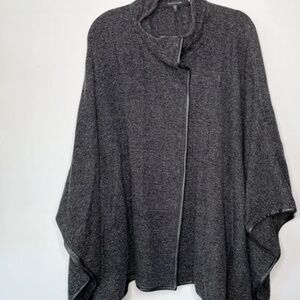 RELIST Eileen Fisher Cape Marled Gray Leather Trim Wool Blend Snap Front M L- 2X